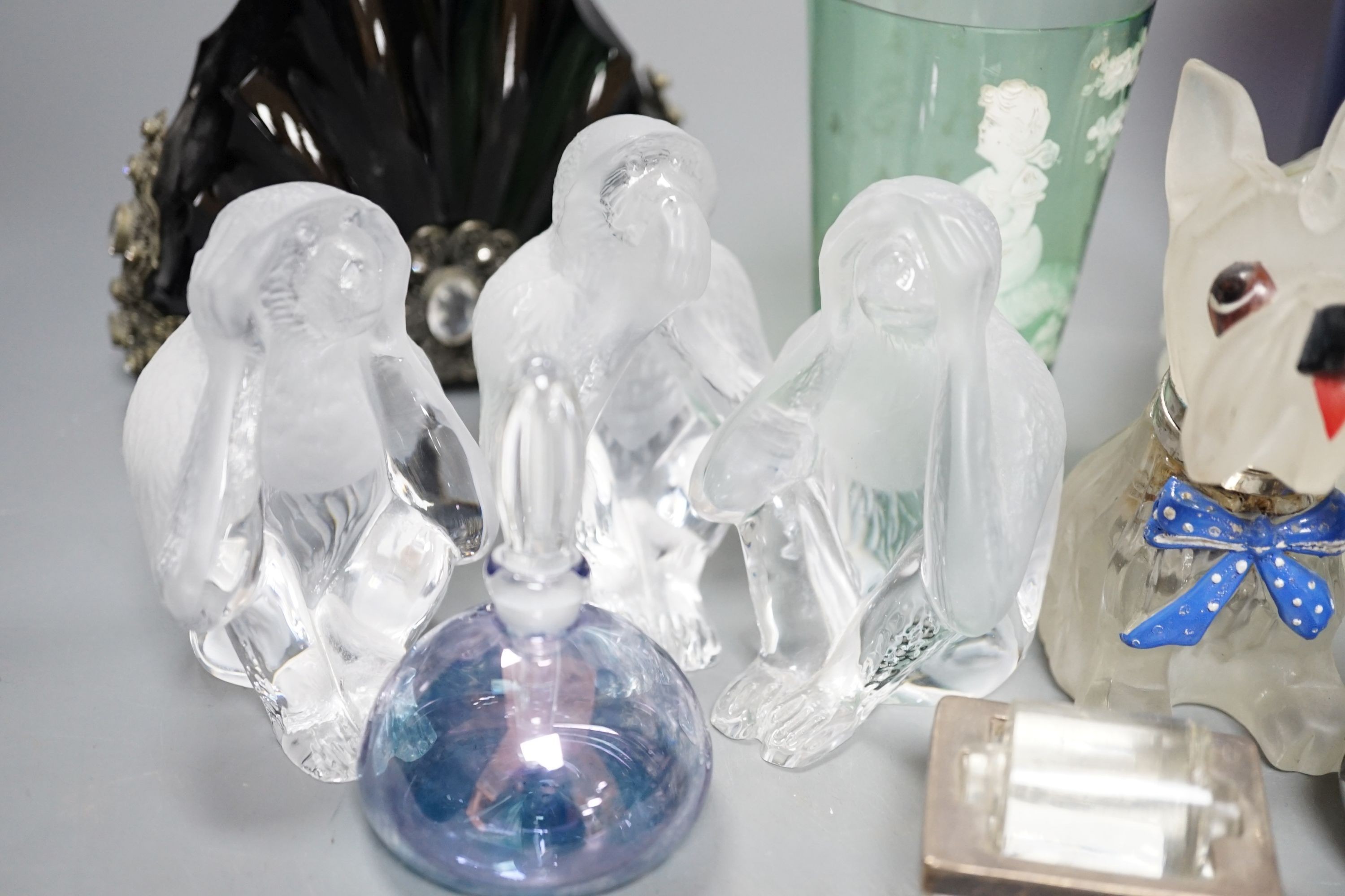 A pair of blue glass drug jars and a novelty glass dog inkwell etc, tallest 24 cms high